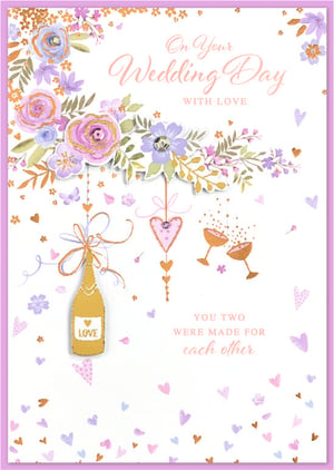 Celebrate the magic of a wedding day with this exquisite card from Simon Elvin. Our 'Wedding Day' card features a truly enchanting design, adorned with delicate lavender and rose-pink florals, accented with shimmering gold details. The elegant script wishes the happy couple "On Your Wedding Day WITH LOVE," while a charming champagne bottle, toasting flutes, and hanging hearts add a festive touch. The heartfelt message "YOU TWO WERE MADE FOR each other" perfectly captures the romance of the occasion. Scattered hearts and petals complete this beautiful design, making it the perfect way to convey your warmest wishes. Available in a convenient pack of 6.