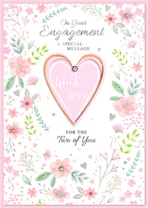 Celebrate new beginnings with this exquisite Engagement card from Simon Elvin. Designed with a delicate touch, this beautiful card features a charming array of soft pink flowers, lush green foliage, and subtle silver hearts, all set against a crisp white background. A prominent central heart, adorned with a shimmering outline and a small gem, carries the heartfelt message "With Love". The elegant script wishes the happy couple "On Your Engagement" and "For the Two of You". Perfect for retailers, this card offers a truly special way for customers to convey their warmest wishes. Available in a convenient pack of six, ensuring your shelves are stocked with quality and charm.