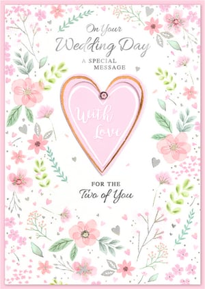 This lovely "Wedding Day" card from Simon Elvin offers a beautiful way to celebrate a special couple. Its design features delicate pink and green floral arrangements, accented with subtle hearts and a touch of sparkle. A prominent central heart, elegantly outlined in gold and featuring a small gem, adds a refined touch. The card conveys warm wishes with the message "With Love For The Two of You." Perfect for retailers, this charming card is supplied in a convenient pack of 6, ready to help your customers share their heartfelt congratulations on such a joyous occasion.