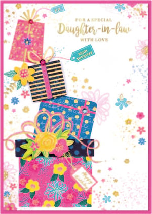 Celebrate your wonderful Daughter-in-law with this charming greeting card from Simon Elvin. This delightful design features a vibrant stack of patterned gift boxes, brimming with cheerful colours like rich pinks, blues, and yellows. Intricate floral and abstract patterns adorn each box, complemented by pretty ribbons, bows, and decorative tags. The card's main message, 'FOR A SPECIAL Daughter-in-law WITH LOVE', makes it ideal for birthdays or simply to express affection. With additional tags reading 'ENJOY YOURSELF' and 'Happy Birthday', this card is designed to bring joy. Offer your customers this appealing design, available in a convenient pack of 6, for a thoughtful way to honour their Daughter-in-law.