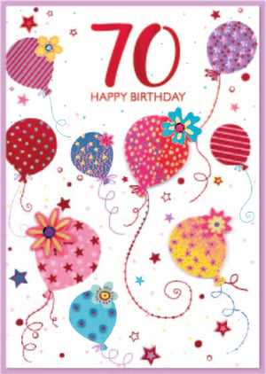 Celebrate a milestone 70th birthday with this delightful card from Simon Elvin. Designed specifically for a special female recipient, this vibrant card features a large, eye-catching '70' in red, surrounded by a joyful array of colourful balloons. Each balloon boasts unique patterns like stars, stripes, and polka dots, some adorned with charming floral details. The festive design is completed with scattered stars and confetti, all set against a crisp white background. Perfect for adding a touch of sparkle to any birthday celebration, these cards come in a convenient pack of 6, ready to stock your shelves.