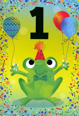 Celebrate a very special first birthday with this adorable Age 1 Male card from Simon Elvin. Featuring a cheerful green frog, complete with a party hat and smart bow tie, this card is bursting with fun! The prominent number '1' and colourful balloons make it perfect for a baby boy's milestone celebration. Surrounded by festive confetti and bright stars, this charming design is sure to bring a smile to any little one's big day. Stock up on this delightful card, available in a convenient pack of 6, and offer your customers the perfect way to mark a memorable first year.
