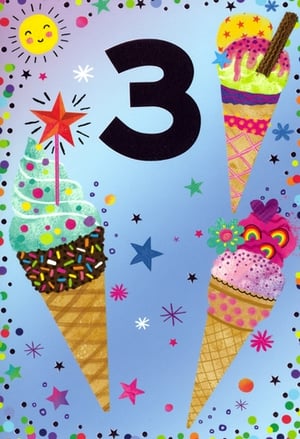 Celebrate a special little one's third birthday with this delightful card from Simon Elvin. Designed specifically for a 3-year-old girl, this vibrant card features a bold '3' surrounded by three whimsical ice cream cones, each bursting with colour and fun. Adorned with sprinkles, stars, and even a magical wand, it's sure to bring a huge smile to her face. The cheerful design, complete with a happy sun and playful confetti, makes it the perfect choice for marking this wonderful milestone.

Product Name: Age 3 Female
Pack Size: 1x6
Supplier: Simon Elvin