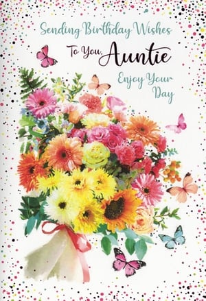Celebrate your Auntie's special day with this lovely birthday card from Simon Elvin. This charming design showcases a beautiful watercolour bouquet, brimming with a vibrant mix of colourful flowers such as cheerful gerberas, sunny sunflowers, and pretty roses. Delicate butterflies flutter around the arrangement, adding a touch of elegance, all set against a playful confetti background. The warm message, 'Sending Birthday Wishes To You, Auntie Enjoy Your Day,' makes it a wonderful choice for her celebration. Available in a convenient pack of 6, these cards are a fantastic addition to your greeting card selection, ensuring your customers can always find a thoughtful card for their beloved Auntie.