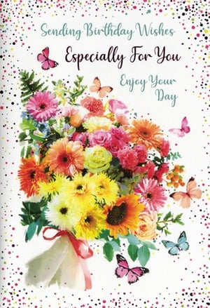Celebrate birthdays in style with this gorgeous 'Open Birthday Female' card from Simon Elvin. This delightful design features a vibrant bouquet bursting with colourful flowers like cheerful gerberas, sunny sunflowers, and delicate roses, all adorned with pretty butterflies. The lively confetti-dot background adds an extra touch of festive charm. With its heartfelt message, 'Sending Birthday Wishes Especially For You, Enjoy Your Day', this card is perfect for conveying warm wishes to any special woman. Available in a convenient pack of 6, it's an ideal choice for retailers looking to offer a truly beautiful and uplifting birthday card option.