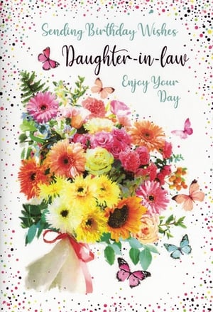 Celebrate a special Daughter-in-law's birthday with this absolutely delightful card from Simon Elvin. Featuring a stunning, vibrant bouquet of mixed flowers – including cheerful gerberas, sunny sunflowers, and delicate roses – it’s a burst of colour and joy. Beautiful butterflies flutter amongst the blooms, adding an extra touch of charm and elegance. The heartfelt message, "Sending Birthday Wishes Daughter-in-law Enjoy Your Day," is perfectly complemented by the bright, confetti-dotted background. This card is designed to convey warmth and affection, making any Daughter-in-law feel truly cherished on her special day. Available in a convenient pack of 6, it’s a wonderful addition to your greeting card selection.