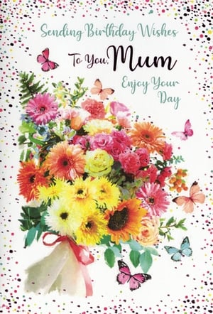 Celebrate Mums everywhere with this truly delightful birthday card from Simon Elvin. This vibrant design features a stunning bouquet of colourful flowers, including cheerful sunflowers, radiant gerberas, and delicate roses, all tied with a charming red ribbon. Adorned with pretty butterflies and a scattering of festive confetti, its bright and cheerful aesthetic radiates warmth and joy.
The heartfelt message, 'Sending Birthday Wishes To You, Mum Enjoy Your Day', makes it the perfect choice for customers looking to show their appreciation. Offer your shoppers a beautiful way to celebrate their Mums with this eye-catching card. Available in a convenient pack of 6.