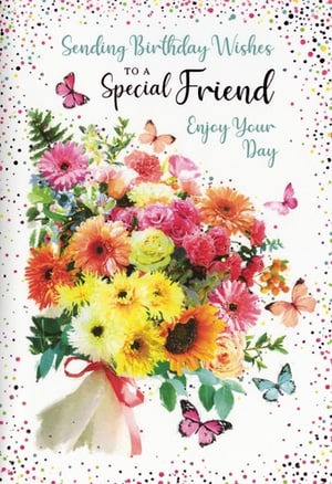 Brighten any female friend's birthday with this exquisite card from Simon Elvin. Adorned with a vibrant watercolour bouquet of colourful flowers – including cheerful gerberas, elegant roses, and sunny sunflowers – it's beautifully complemented by whimsical butterflies and a scattering of confetti. The warm message inside reads, 'Sending Birthday Wishes to a Special Friend, Enjoy Your Day,' making it ideal for conveying heartfelt sentiments. Available in a convenient pack of 6, this card is a delightful addition to your wholesale collection, ready to bring joy to your customers.