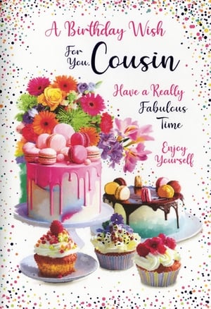 Make her birthday extra special with this delightful 'Cousin Female' birthday card from Simon Elvin. Bursting with vibrant colours and sweet treats, this card is sure to bring a smile to her face. The charming design features an array of colourful flowers, two beautifully decorated cakes adorned with macarons, and tempting cupcakes, all set against a festive confetti backdrop. The heartfelt message wishes your cousin a 'Really Fabulous Time' and encourages her to 'Enjoy Yourself'. Perfect for celebrating a beloved cousin, this card combines warmth and cheer in one lovely package. Available in a convenient pack size of 1x6, it's an essential addition to your greeting card selection.