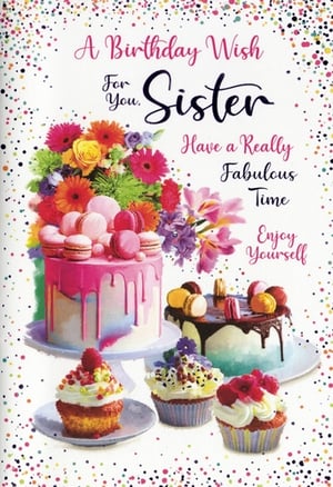 Make her birthday extra special with this delightful 'Sister' birthday card from Simon Elvin. Featuring a vibrant design bursting with delicious cakes, colourful macarons, and beautiful flowers, it's the perfect way to send warm wishes. The card's cheerful message, 'A Birthday Wish For You, Sister, Have a Really Fabulous Time, Enjoy Yourself', is sure to bring a smile to her face. With its eye-catching imagery and heartfelt sentiment, this card is an ideal choice for any sister's celebration. Stock up on this popular design, available in a convenient pack of 6, and offer your customers a truly lovely option for their loved ones.