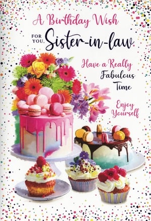 Help your customers celebrate a special sister-in-law's birthday with this lovely card from Simon Elvin. Featuring a cheerful design, this card showcases a vibrant bouquet of flowers alongside tempting cakes and cupcakes, all adorned with a playful confetti pattern. The heartfelt message reads, "A Birthday Wish FOR YOU, Sister-in-law, Have a Really Fabulous Time, Enjoy Yourself," making it a wonderful choice for her special day. Available in a handy pack of 6, this card is a fantastic addition to your greeting card selection, offering a delightful way to send warm birthday wishes.