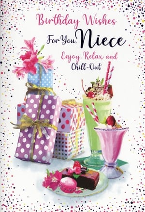 Help your customers celebrate their niece's birthday with this delightful card from Simon Elvin. This beautifully illustrated card features a charming stack of colourful gifts, tempting milkshakes, a slice of cake, and a macaron, all set against a backdrop of festive confetti. The warm message "Birthday Wishes For You, Niece" encourages her to "Enjoy, Relax and Chill-Out," making it a lovely choice for any special niece. This card is designed to bring a smile to her face. Supplied in a convenient pack of 6, it's an excellent addition to your greeting card range, ensuring you're well-stocked for every occasion.