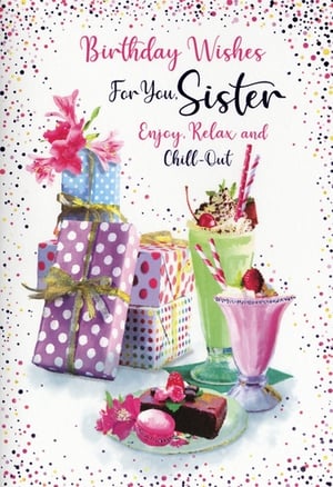 Offer your customers the perfect way to celebrate their sister's special day with this charming birthday card from Simon Elvin. This delightful design features a vibrant stack of polka-dot gifts adorned with pretty pink flowers, alongside tempting treats like a rich chocolate cake, a colourful macaron, and two refreshing milkshakes, all framed by a playful confetti border.
The warm message, 'Birthday Wishes For You, Sister', encourages her to 'Enjoy, Relax and Chill-Out'. A truly lovely card that captures the essence of a relaxed celebration, it's sure to be a popular choice for any sister's birthday. Available in a convenient 1x6 pack size.