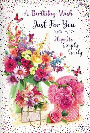 Make every birthday special with this gorgeous 'Open Birthday Female' card from Simon Elvin. Featuring a stunning array of vibrant, watercolour flowers, delicate butterflies, and stylish accessories like a quilted handbag and polka-dot hatbox, this card is a true celebration of beauty. The heartfelt message, 'A Birthday Wish Just For You, Hope It's Simply Lovely,' adds the perfect touch. Ideal for any female recipient, its cheerful design and elegant details are sure to bring a smile. Stock up on this delightful design, available in a convenient pack of 6, and offer your customers a truly lovely way to send their birthday wishes.