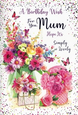 Make Mum's special day truly memorable with this enchanting birthday card from Simon Elvin. This beautiful design bursts with a vibrant display of colourful flowers, featuring gorgeous pinks, purples, yellows, and blues, artfully arranged in charming vases, a stylish handbag, and a delightful polka-dot hatbox. Delicate butterflies flutter amongst the blooms, all set against a cheerful confetti background. The sweet message, 'A Birthday Wish For You, Mum Hope It's Simply Lovely', conveys the perfect sentiment for any Mum. Available in a convenient pack of 6, this popular card is an essential addition to your greeting card selection, ready to help your customers celebrate their wonderful Mums.