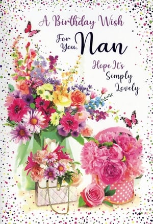 Make Nan's birthday extra special with this truly lovely card. Adorned with a vibrant display of colourful flowers and delicate butterflies, it's a beautiful way to show her how much she means to you. The charming design features delightful bouquets in pretty vases and a stylish handbag, all set against a playful confetti background. With the warm message, "A Birthday Wish For You, Nan Hope It's Simply Lovely," this card is perfect for celebrating her day. It's sure to bring joy and a heartfelt smile to your wonderful Nan.