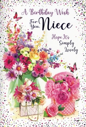 Help your customers celebrate their Niece's special day with this beautiful birthday card from Simon Elvin. Adorned with a lavish display of colourful flowers, including elegant roses and cheerful daisies, the design is truly eye-catching. Delicate butterflies flutter amongst the blooms, which are artfully arranged in stylish containers, including a chic handbag and a polka-dot hatbox. The card conveys a warm message: "A Birthday Wish For You, Niece. Hope It's Simply Lovely." This delightful card is supplied in a convenient pack of 6, ready for your shelves.