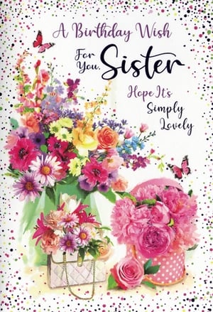 Celebrate special sisters with this truly delightful birthday card from Simon Elvin. Featuring a vibrant explosion of colourful blooms, elegant accessories like a chic handbag and a charming hatbox, and delicate butterflies, this design is sure to bring a smile. The heartfelt message, 'A Birthday Wish For You, Sister Hope It's Simply Lovely', perfectly captures the sentiment for a cherished sibling. Its cheerful, feminine aesthetic makes it an ideal choice for any sister's birthday. Stock up on this popular design, available in convenient packs of 6, and offer your customers a beautiful way to show their love.