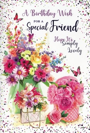 Celebrate a special friend's birthday with this beautifully designed card. Bursting with vibrant, watercolour-style florals, it features an exquisite array of colourful bouquets, delicate butterflies, and charming confetti accents. Elegant flowers spill from a stylish handbag and a delightful polka-dot hatbox, creating a truly lovely and feminine feel. The heartfelt message, 'A Birthday Wish FOR A Special Friend Hope It's Simply Lovely,' makes it the perfect choice to show appreciation to any female friend. This gorgeous card is sure to bring a smile to their face. Available in convenient packs of 6, it's an ideal addition to your greeting card selection.