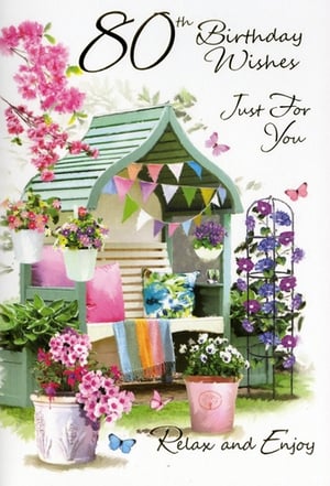 Celebrate a milestone 80th birthday with this enchanting card from Simon Elvin. Perfect for conveying warm wishes to a female recipient, the design features a delightful garden sanctuary. A charming swing seat, complete with colourful bunting, soft cushions, and a cosy throw, invites relaxation amidst an abundance of vibrant potted flowers and graceful butterflies. The heartfelt messages, "80th Birthday Wishes Just For You" and "Relax and Enjoy," beautifully capture the joy of the occasion. This lovely card is supplied in a convenient pack of 6, making it an excellent wholesale choice for retailers seeking a truly special and memorable greeting for their customers.