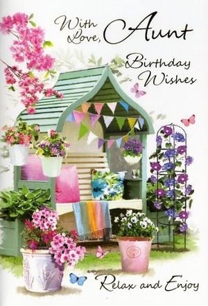 Send your wonderful Aunt the warmest birthday wishes with this delightful card! Featuring a charming garden scene, it's the perfect way to help her relax and enjoy her special day. The beautiful design showcases a cosy garden arbour adorned with colourful bunting, surrounded by an abundance of vibrant flowers in pots. Delicate butterflies flutter amongst the blooms, adding a touch of magic. With the heartfelt message "With Love, Aunt Birthday Wishes" on the front and "Relax and Enjoy" at the bottom, this card is a truly thoughtful choice for her birthday.