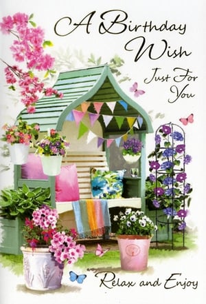 Send a truly delightful birthday wish with this charming 'Open Birthday Female' card from Simon Elvin. This beautiful card features a serene garden scene, perfectly capturing the essence of relaxation and enjoyment. A quaint garden swing, adorned with colourful bunting and plush cushions, is surrounded by an abundance of vibrant potted flowers in shades of pink, purple, and white. Delicate butterflies flutter amongst the blooms, adding a touch of magic to the inviting illustration. With the heartfelt message 'A Birthday Wish Just For You' and 'Relax and Enjoy', this card is perfect for celebrating a special woman in your life. Its inviting artwork and warm sentiment make it an ideal choice for any birthday.