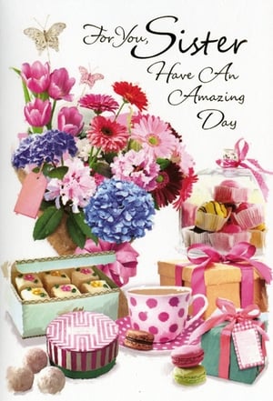 Celebrate your sister with this delightful greeting card from Simon Elvin. This charming design features a vibrant bouquet of flowers, an array of tempting treats like cupcakes, macarons, and pastries, plus beautifully wrapped gifts. The heartfelt message, "For You, Sister Have An Amazing Day," makes it perfect for birthdays, special occasions, or simply to show you care. Its colourful and cheerful imagery is sure to bring a smile to any sister's face. Available in a convenient pack of 6, this card is a wonderful addition to your retail collection.