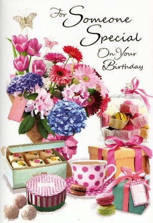 Make her birthday truly memorable with our 'Someone Special' card, designed with a wonderful female recipient in mind. This charming card features a vibrant bouquet of colourful flowers, delicate butterflies, and an irresistible spread of birthday treats. From tempting macarons and cupcakes to dainty pastries and a pretty polka-dot teacup, every detail exudes warmth and celebration. Beautifully wrapped gifts complete this delightful scene, making it the perfect way to show appreciation to a cherished friend or family member. Supplied by Simon Elvin in a convenient pack of 6, it's an ideal addition to your card selection.