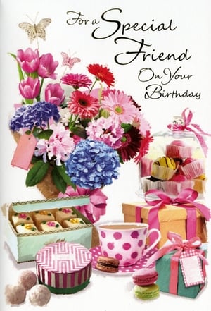 This charming birthday card from Simon Elvin is perfect for celebrating a special female friend. The beautiful illustration sets a delightful scene, featuring a vibrant bouquet of colourful flowers, complete with delicate butterflies, alongside an inviting spread of birthday treats. Imagine a wonderful tea party, showcasing delicious cupcakes, elegant macarons, and tempting petits fours, all complemented by beautifully wrapped gifts. With the warm message, 'For a Special Friend On Your Birthday,' this card is ideal for conveying heartfelt wishes. Available in a convenient pack of six, it's a lovely addition to your card selection, ready to help customers celebrate those cherished friendships.
