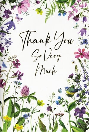 Offer your customers a truly lovely way to express gratitude with our "Thank You" cards from Simon Elvin. This charming design features a delightful watercolour illustration of vibrant wildflowers, delicate butterflies, and a sweet blue tit, creating a warm and appreciative sentiment. The elegant script reads 'Thank You So Very Much', making it perfect for any occasion where a heartfelt thank you is needed. These popular cards are supplied in a convenient pack of 6, making them an ideal addition to your greeting card selection.