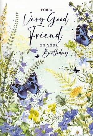 Celebrate special friendships with this exquisite 'Friend Female' birthday card from Simon Elvin. Featuring a truly beautiful watercolour design, this card showcases a delightful array of wildflowers in soft blues, purples, and yellows, adorned with elegant blue butterflies. The charming illustration and heartfelt message, "FOR A Very Good Friend ON YOUR Birthday," make it the perfect choice for conveying warm wishes.
Ideal for any retail setting, this card offers a timeless and appealing aesthetic that customers will adore. Stock up on this popular design, available in a convenient pack of 6, and ensure your shelves are ready for every birthday occasion. A wonderful way to help your customers show their appreciation to a very good friend.