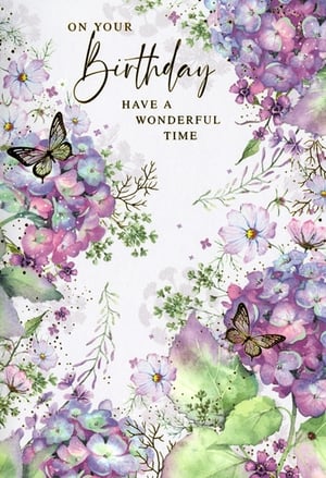 Introduce a touch of floral elegance to your card selection with our 'Open Birthday Female' card. This exquisite design features delicate watercolour hydrangeas and cosmos in a beautiful palette of soft purples, pinks, and fresh greens, creating a truly enchanting scene. Two graceful butterflies add a charming detail, making this card perfect for celebrating any woman's special day.
The heartfelt message, 'On Your Birthday, Have A Wonderful Time', is presented in elegant script, conveying warm wishes. Supplied by Simon Elvin, these cards come in convenient packs of 6, ensuring you're well-stocked with a popular and versatile birthday option. A truly lovely choice for your customers.