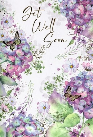 Brighten someone's day with our beautiful 'Get Well Female' card from Simon Elvin. This exquisite design features a delicate watercolour illustration of vibrant purple and pink hydrangeas, complemented by soft cosmos flowers and lush green foliage. Two elegant butterflies add a touch of charm, while the heartfelt 'Get Well Soon' message is rendered in a shimmering gold script. Perfect for offering comfort and cheer, this card's gentle artistry and warm sentiment make it an ideal choice for any woman needing a little lift. Available in a convenient pack of 6, it's a must-have addition to your greeting card selection, ensuring your customers can always find the perfect way to send their best wishes.