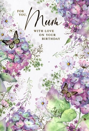 Offer your customers the perfect way to celebrate their mum with this exquisite 'Mum' birthday card from Simon Elvin. This beautiful design features a stunning watercolour illustration of lush purple and pink hydrangeas, delicate cosmos flowers, and vibrant green foliage, all brought to life with charming butterflies.
The heartfelt message, "FOR YOU, Mum WITH LOVE ON YOUR BIRTHDAY," is elegantly scripted, making it a truly special choice. The soft colour palette and intricate details create a card that feels both luxurious and personal. Stock up on this popular design, available in a convenient pack of 6, and ensure your shelves are ready for those meaningful birthday moments.