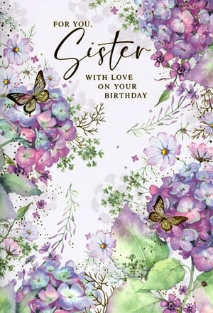 Delight your customers with this beautiful 'Sister' birthday card from Simon Elvin. Featuring a stunning watercolour design, the card showcases an abundance of delicate hydrangeas and cosmos in lovely shades of purple and pink, complemented by lush green foliage. Two elegant golden butterflies add a touch of sparkle and charm.
The heartfelt message, 'FOR YOU, Sister WITH LOVE ON YOUR BIRTHDAY', is presented in a stylish script, making it the perfect choice for celebrating a special sister. This exquisite card offers a warm and affectionate way to convey birthday wishes. Available in a convenient pack of 6, it's an ideal addition to any greeting card display, ensuring you're well-stocked with thoughtful options for your customers.