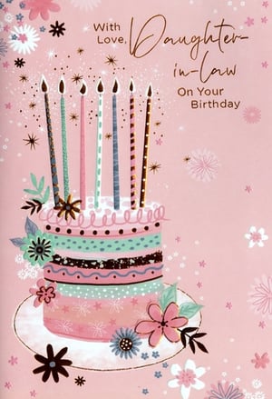 Introduce the delightful 'Daughter In Law' birthday card, a truly charming way to celebrate a special family member. This beautiful card features a whimsical multi-tiered birthday cake, adorned with seven glowing candles and delicate floral details, all set against a soft pink background. The design is enhanced with a lovely palette of pastel pinks, mint green, and light blue, complemented by subtle gold accents and sparkling embellishments that add a touch of magic. The heartfelt message "With Love, Daughter in-law On Your Birthday" is elegantly presented in a stylish script, making it perfect for conveying warm wishes. Supplied by Simon Elvin in a convenient pack of 6, this card is an ideal choice for retailers looking to offer a thoughtful and attractive option for customers celebrating their daughter-in-law's special day.