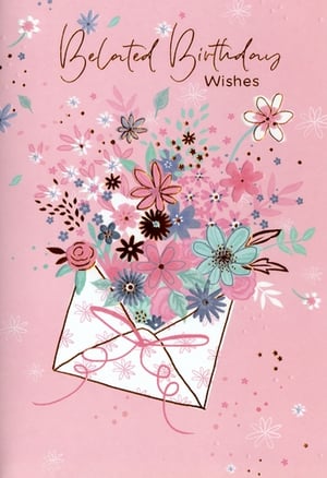 Oh dear, did someone miss a birthday? Don't worry, our 'Belated Female' card from Simon Elvin is here to save the day with charm and elegance! This delightful card features a beautiful bouquet of pink, blue, and purple flowers spilling out of a pretty envelope, all set against a soft pink background adorned with subtle glitter and delicate floral details. The elegant gold script reads 'Belated Birthday Wishes', making it the perfect way to send warm thoughts, even if a little late. With its feminine design and thoughtful touch, this card is sure to bring a smile to any female recipient. Available in a convenient pack of 1x6, it's a lovely addition to your greeting card selection.