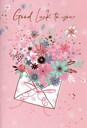 Send heartfelt good luck wishes with this truly charming card from Simon Elvin. This delightful design features a vibrant bouquet of colourful flowers, seemingly bursting from a decorative envelope tied with a sweet pink ribbon. The elegant 'Good Luck to you' message is presented in a shimmering gold script, standing out beautifully against a soft pink background adorned with delicate floral accents and subtle sparkle.
With its cheerful illustration and thoughtful sentiment, this card is the perfect way to convey support and encouragement for any new venture or challenge. Available in a convenient pack of 6, these cards are a wonderful addition to any retail collection, ready to bring a smile and a touch of sparkle to your customers' good luck greetings.