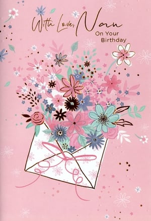 Celebrate Nan's special day with this truly charming birthday card from Simon Elvin. Designed with love, this beautiful card features a delightful array of soft pink, blue, and green florals, elegantly bursting from an enchanting envelope. Delicate gold foil accents add a touch of sparkle, making the design truly stand out. The heartfelt message, 'With Love, Nan On Your Birthday', is beautifully scripted, conveying warmth and affection. This card is perfect for customers seeking a thoughtful and pretty way to show their appreciation for their beloved Nan. Stock up on this popular design, available in a convenient pack of 6, ensuring you always have a perfect option for this cherished family member.