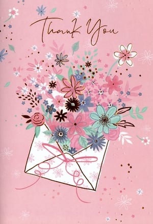 Express heartfelt gratitude with our beautiful 'Thank You' cards from Simon Elvin. This exquisite design features a charming open envelope overflowing with a delightful bouquet of pink, blue, and teal flowers, accented with shimmering gold details. The elegant 'Thank You' script adds a touch of sophistication, all set against a soft, pretty pink background. Perfect for any occasion where a special thank you is needed, these cards are sure to convey appreciation with style. Each pack contains 6 identical cards, ready to delight your customers.