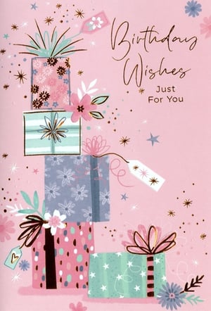 Brighten up your card selection with this delightful 'Open Birthday Female' card from Simon Elvin. Featuring a charming stack of beautifully wrapped gifts in soft pinks, teals, and blues, adorned with delicate floral and star patterns, this card exudes warmth and celebration. Elegant gold script wishes 'Birthday Wishes Just For You', making it perfect for any special woman. The design is enhanced with subtle glitter accents and scattered stars, adding a touch of sparkle. Stock up on this lovely card, available in a convenient pack of 6, and offer your customers a truly pretty option for their loved ones' birthdays.