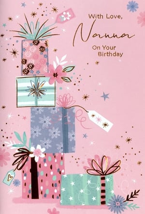 Make Nanna's birthday extra special with this charming card from Simon Elvin. Adorned with a delightful stack of beautifully wrapped presents, this card features a lovely mix of patterns including delicate florals, playful polka dots, and shimmering stars, all in a soft palette of pink, teal, and blue. Gold accents and scattered sparkles add a touch of celebratory magic. The heartfelt message "With Love, Nanna On Your Birthday" is elegantly scripted, making it the perfect way to show your appreciation. Stock up with this convenient pack of 6 cards.