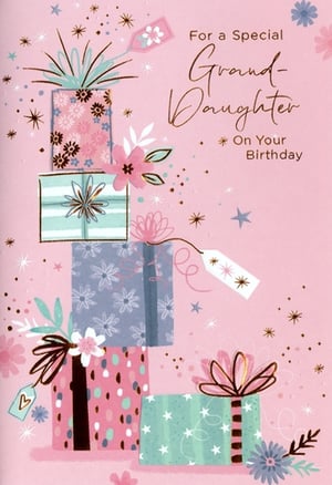 Celebrate a special granddaughter's birthday with this delightful card from Simon Elvin. Featuring a charming design of beautifully wrapped gifts, this card is adorned with delicate flowers and sparkling accents on a soft pink background.
The pretty pastel palette, including mint green, soft blue, and blush pink, creates a truly eye-catching look. Each gift box boasts unique patterns, from playful polka dots to sweet florals and shimmering stars, all tied with lovely ribbons and tags, adding to the celebratory feel.
The elegant script message 'For a Special Grand-Daughter On Your Birthday' conveys warmth and affection, perfect for making her feel loved on her big day. This thoughtful card is supplied in a convenient pack of 6, making it an ideal addition to any retail display.