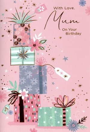 Celebrate Mum's special day with this absolutely charming birthday card! Featuring a delightful stack of beautifully wrapped presents in soft pastel shades and intricate patterns, this card is sure to bring a smile to her face. Delicate floral accents and shimmering gold foil details add a touch of elegance and sparkle. The heartfelt message, "With Love, Mum On Your Birthday," is presented in a lovely script. Supplied by Simon Elvin, this gorgeous card comes in a convenient pack of 6, making it perfect for your retail display. A truly lovely way to show Mum how much she's cherished.