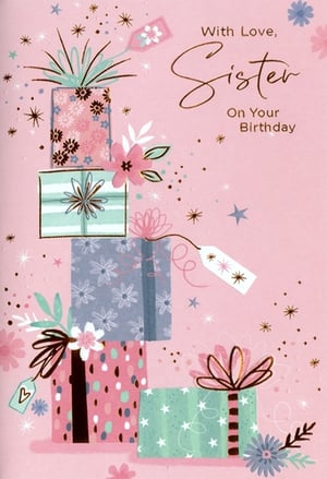 Celebrate a special sister's birthday with this absolutely charming greeting card! Featuring a delightful stack of beautifully wrapped presents in a soft, inviting colour palette of pinks, mint greens, and blues, it's sure to bring a smile. The elegant design is enhanced with delicate floral accents, scattered stars, and a touch of shimmering gold foil on the word 'Sister', adding a luxurious feel.
This thoughtful card conveys warmth and love, making it the perfect choice for any sister's big day. Supplied by Simon Elvin, each pack contains 6 cards, ready to brighten your customers' shelves. A truly lovely way to send birthday wishes!