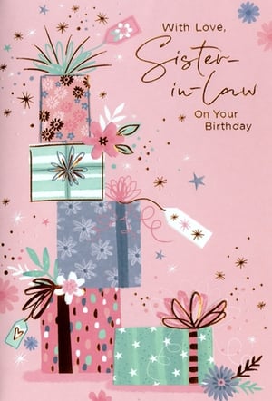 Make her birthday extra special with this enchanting 'Sister In Law' card from Simon Elvin. This delightful design features a whimsical stack of beautifully wrapped gifts, adorned with charming floral patterns, sparkling accents, and elegant gift tags. Set against a soft pink background, the contemporary colour palette of teal, grey, and rose creates a truly inviting feel. The heartfelt message, "With Love, Sister-in-Law On Your Birthday," is presented in a beautiful script, perfect for conveying warm wishes. Available in a convenient 1x6 pack size, this card is a wonderful addition to any greeting card display, ensuring your customers can always find the ideal way to celebrate their beloved family members.