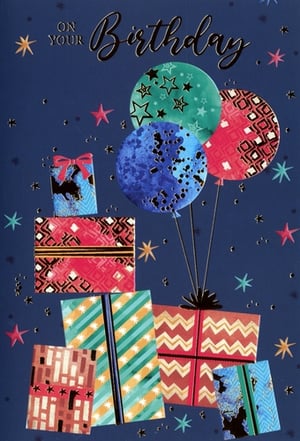 Make his birthday truly special with this striking "Open Birthday Male" card from Simon Elvin. Set against a rich blue backdrop, the design bursts with celebratory elements. Colourful balloons, adorned with stars and unique textures, float above a delightful stack of patterned gift boxes. Sparkling stars and confetti complete this modern, vibrant scene. It's a stylish and thoughtful way to send your best wishes, making his special day feel truly celebrated. This card is perfect for any male recipient, offering a contemporary and cheerful greeting.