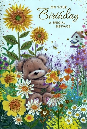 Brighten her special day with this charming 'Open Birthday Female' card from Simon Elvin. This delightful design features an adorable teddy bear nestled in a vibrant, blooming garden, surrounded by cheerful sunflowers, daisies, and colourful wildflowers. A busy bee and a sweet blue bird by its birdhouse add to the idyllic scene, while subtle golden sparkles enhance the magic. The elegant script reads 'ON YOUR Birthday A SPECIAL MESSAGE', making it perfect for any female recipient. These beautiful cards are sure to bring joy and are available in convenient packs of 6, making them an excellent choice for your retail offering.