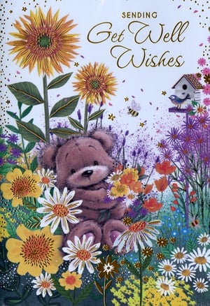 Send heartfelt wishes with this delightful "Get Well Female" greeting card from Simon Elvin. This charming design features an adorable teddy bear nestled in a vibrant, blooming garden, surrounded by sunflowers, daisies, and an array of colourful flowers. The elegant "Sending Get Well Wishes" message, along with subtle sparkling accents and a buzzing bee, adds a touch of warmth and cheer. Perfect for brightening someone's day, this card conveys a comforting message with its sweet imagery. Stock up your shelves with this popular choice, available in a convenient pack of 6.