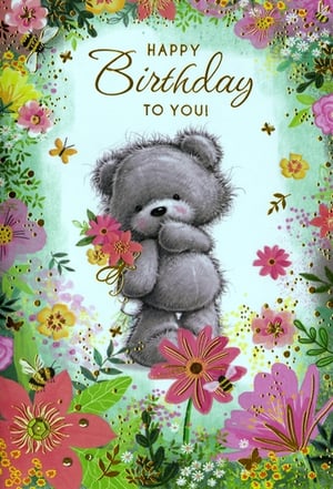 Delight your customers with this utterly charming 'Open Birthday Female' card from Simon Elvin. Featuring an adorable grey teddy bear shyly presenting a beautiful bouquet of pink flowers, this card is sure to bring a smile to any recipient's face. The vibrant design is framed by a lush border of colourful blooms, buzzing bees, and delicate butterflies, all enhanced with sparkling gold accents for a truly special touch. With its sweet 'Happy Birthday to You!' message, it's the perfect choice for celebrating any female's special day. Stock up on this popular design, available in a convenient pack of 6, and offer your customers a truly heartwarming birthday greeting.